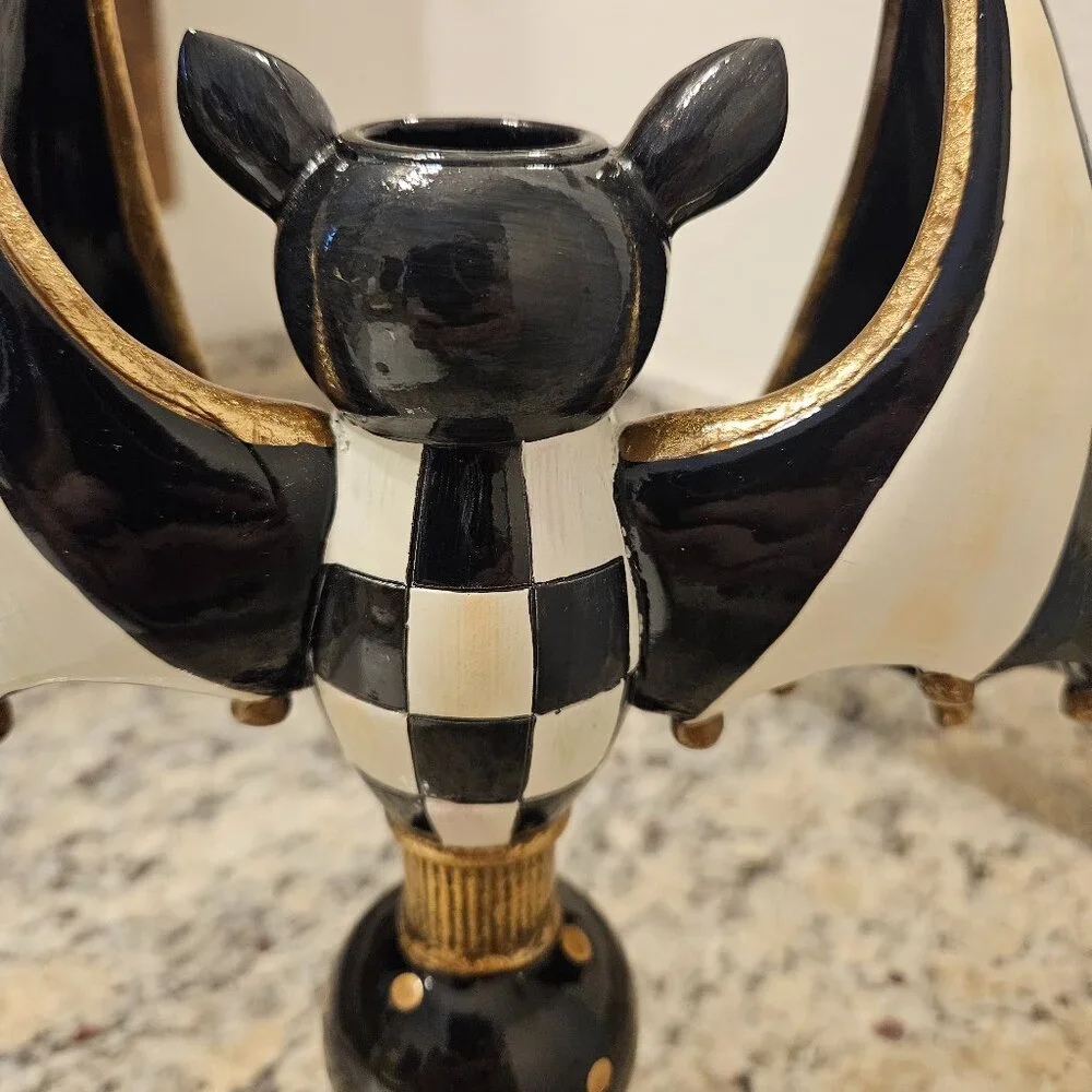 RARE MACKENZIE CHILDS HALLOWEEN BAT COURTLY CHECK FALL TAPER CANDLE HOLDER